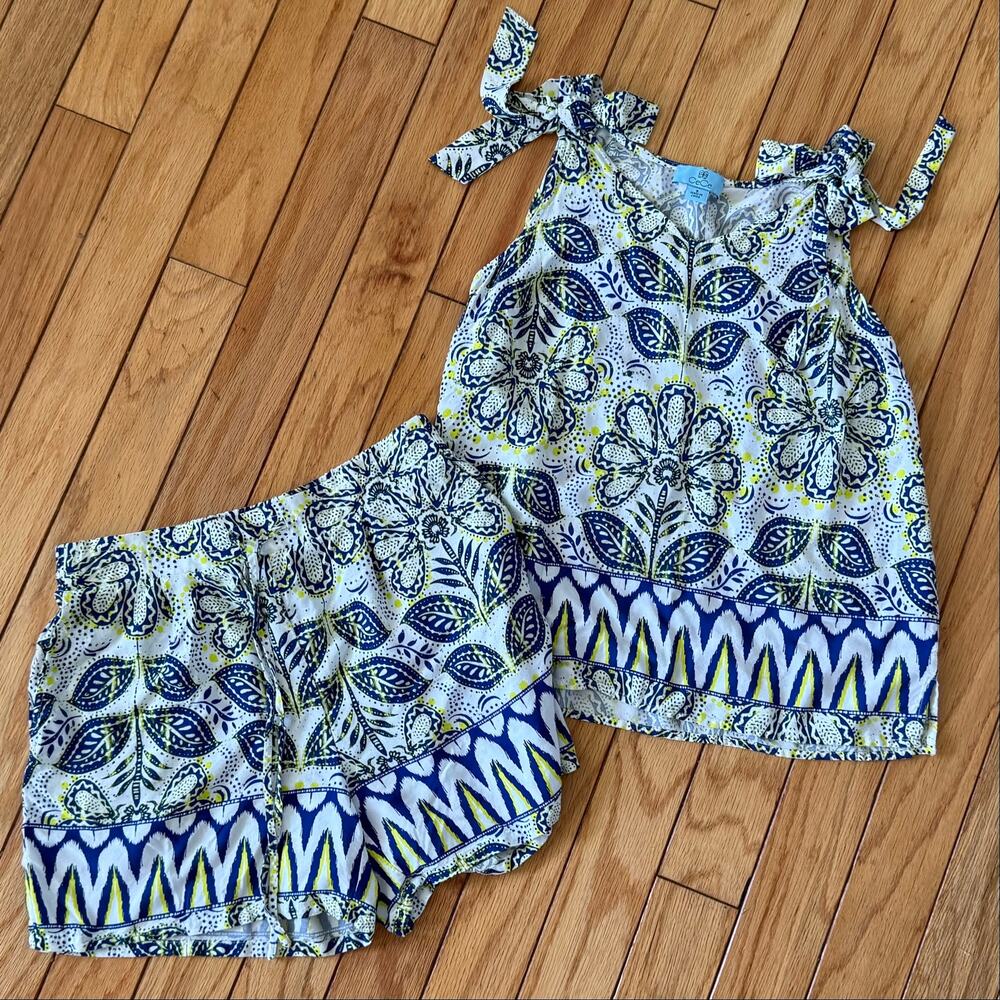 CeCe Blue White Yellow Floral Ikat Halter Top & Shorts Set Women’s Small